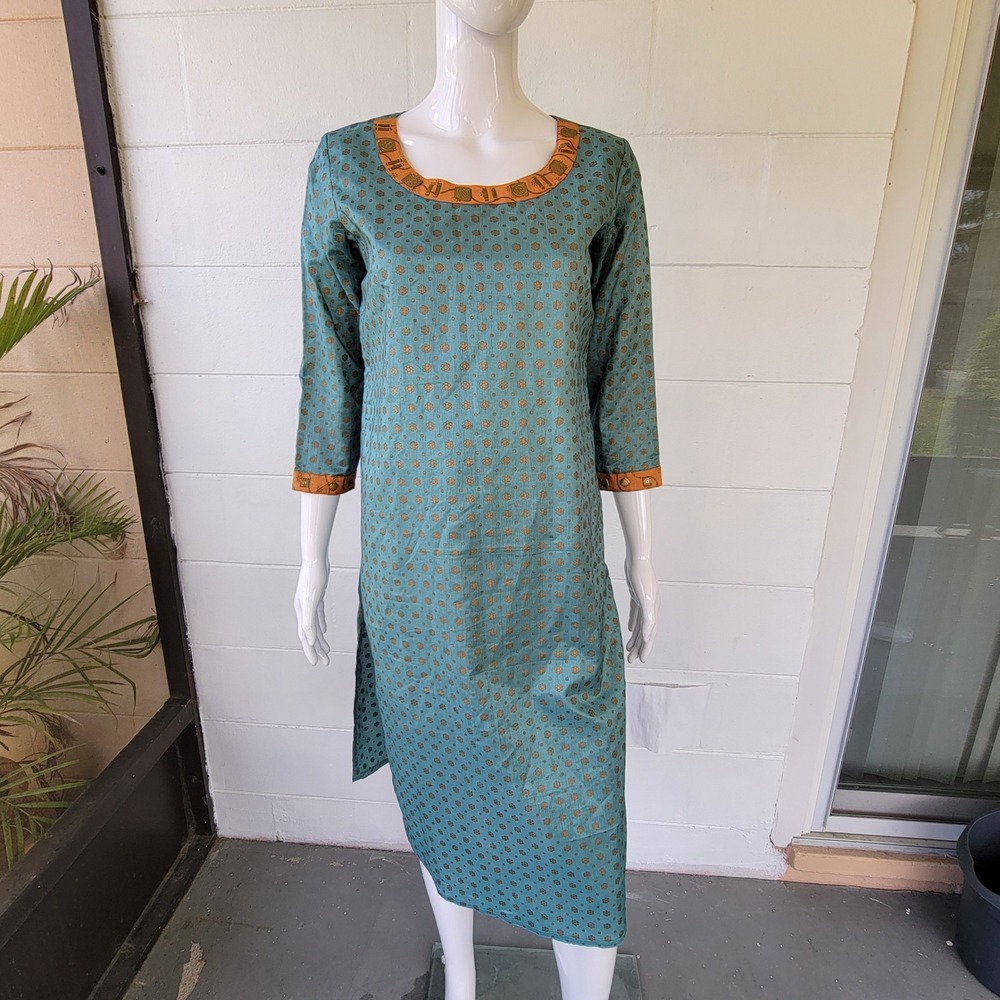 Kurti Tunic Dress Teal Blue Gold Women's M Boho Ethnic Traditional Festive India
